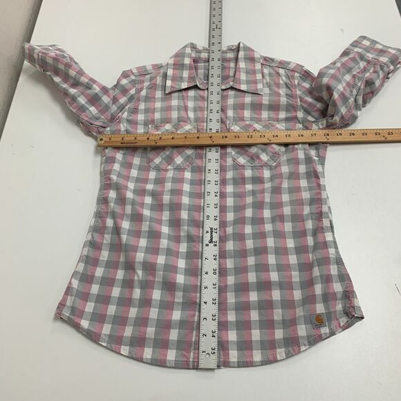 Carhartt Gingham Shirt Womens S Small Button Up Quarter Tab Sleeve Flap Pocket - Picture 10 of 16